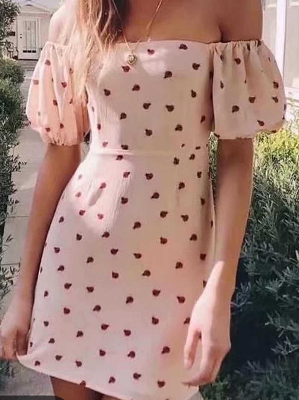 Endless Summer Off Shoulder puff sleeve mini dress featuring ladybug print